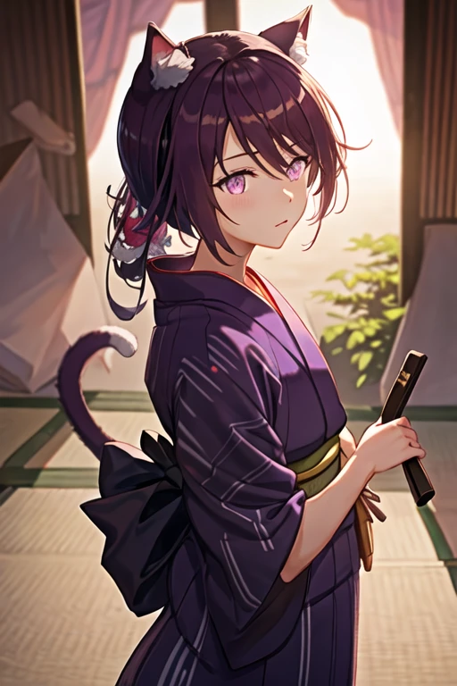best quality, masterpiece, highres, solo, {yukata:1.40}, {kimono:1.20}, {melantha_arknights:1.15}, animal_ears, cat_ears, long_hair, purple_hair, animal_ear_fluff, hair_between_eyes, bangs, purple_eyes, upper_body