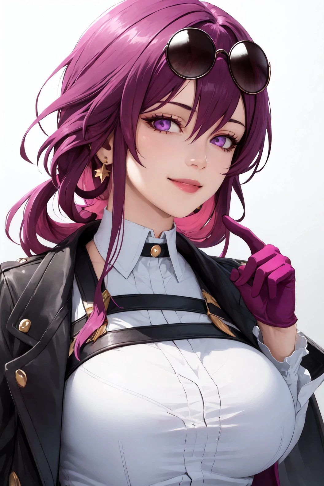 1girl, solo, long hair, looking at viewer, smile, shirt, gloves, long sleeves, white background, jewelry, jacket, white shirt, upper body, purple hair, earrings, coat, sunglasses, pointing, eyewear on head, round eyewear,star-kafka, (mature female:1.4),realistic <lora:kafka-v3-nai-13ep-resize:0.75>