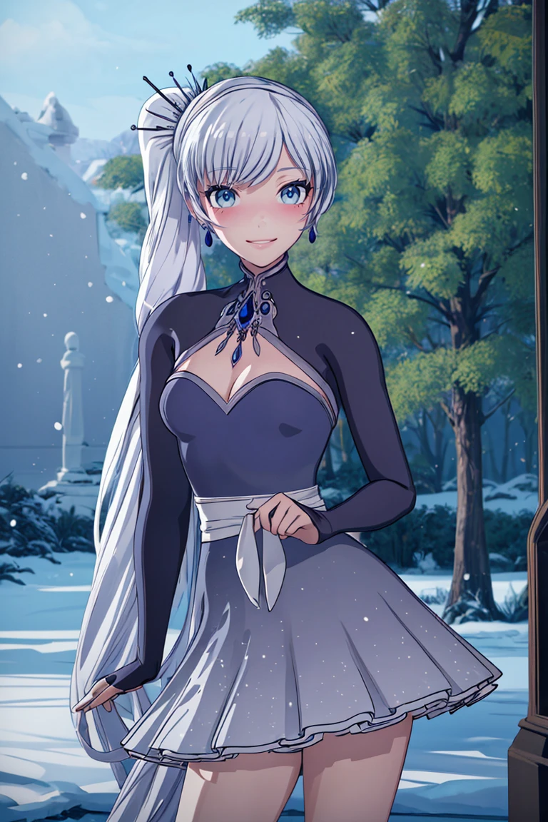 ((masterpiece,best quality)), absurdres,
<lora:Weiss_RWBY_AnyLora:0.8>, Weiss_RWBY, dress, tiara, jewelry, earrings, cleavage cutout,
solo, blushing, smiling, looking at viewer, cowboy shot,
contrapposto, cinematic composition, snow covered forest in background,, <lora:beautiful detailed eyes:0.3>, beautiful detailed eyes, <lora:more_details:0.7>