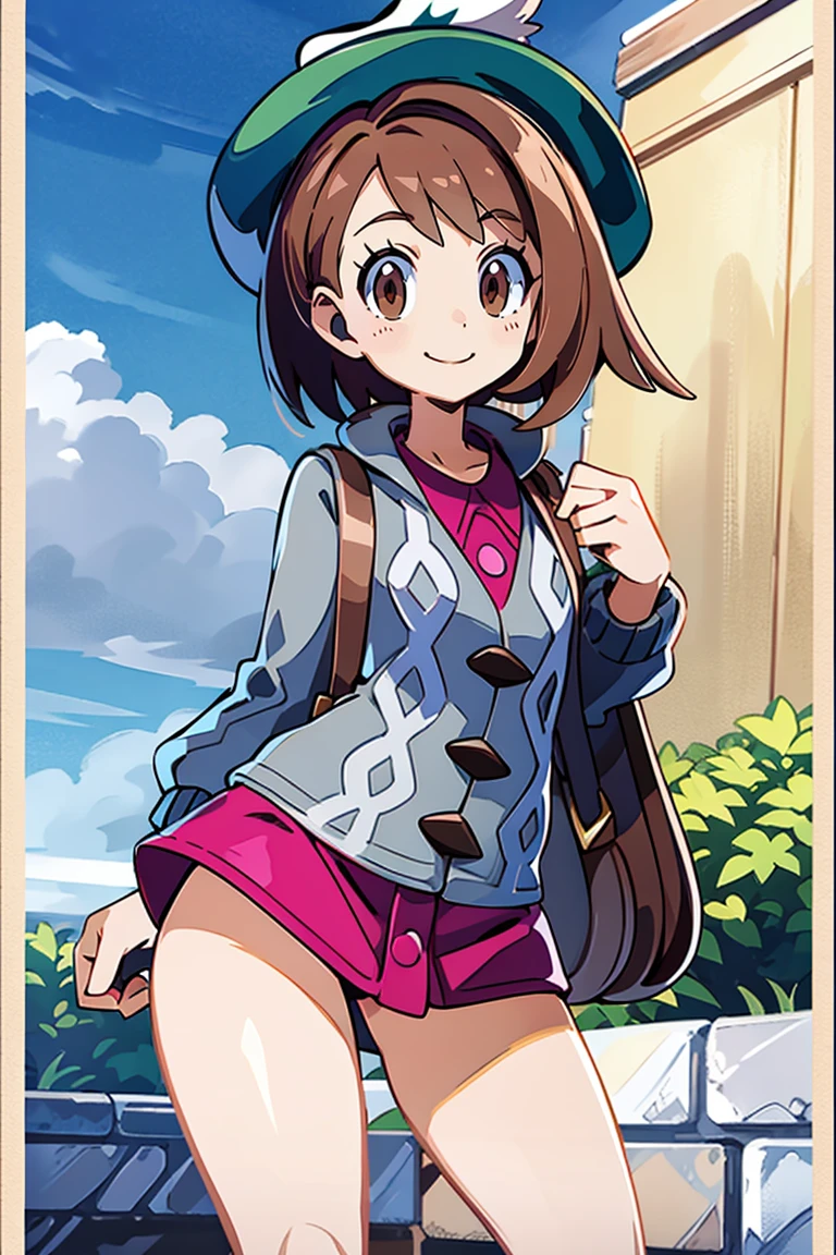 ((masterpiece,best quality)), absurdres, <lora:gloria_(pokemon)_v1:0.7>, gloria \(pokemon\), brown hair, solo, backpack, brown eyes, tam o' shanter, grey cardigan, pink dress, short hair, green socks, socks, brown bag, bob cut, bangs, long sleeves, collared dress, solo, smiling, looking at viewer, cowboy shot, cinematic composition, contrapposto,