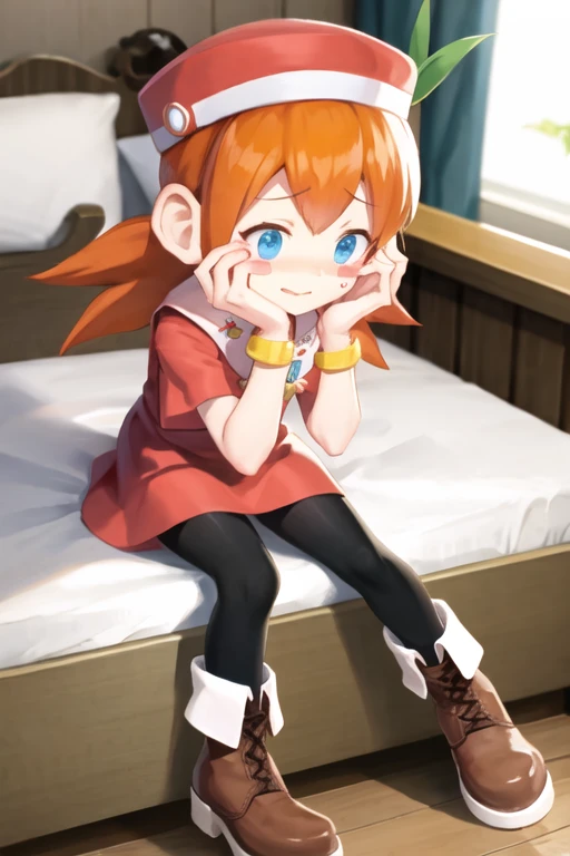 knlolo, long hair, orange hair, blue eyes, hat, red dress, jewelry, pantyhose, boots, orange hair, bracelet, blush stickers, bangle, embarrassed, sitting, bedroom<lora:lolo v2-000004:1>