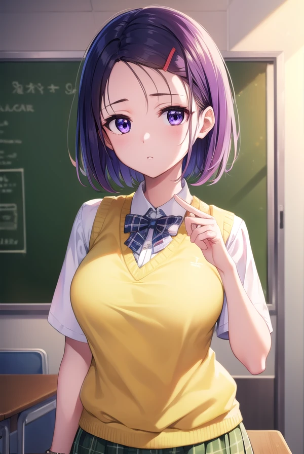 harunasairenji, <lora:harunasairenji-lora-nochekaiser:1>,
haruna sairenji, hair ornament, hairclip, (purple eyes:1.1), purple hair, short hair, swept bangs, (forehead:1.3),
BREAK green skirt, plaid, plaid skirt, sainan high school uniform, school uniform, skirt, sweater vest, (yellow sweater:1.3), short sleeves,
BREAK indoors, classroom,
BREAK looking at viewer, (cowboy shot:1.5),
BREAK <lyco:GoodHands-beta2:1>, (masterpiece:1.2), best quality, high resolution, unity 8k wallpaper, (illustration:0.8), (beautiful detailed eyes:1.6), extremely detailed face, perfect lighting, extremely detailed CG, (perfect hands, perfect anatomy),