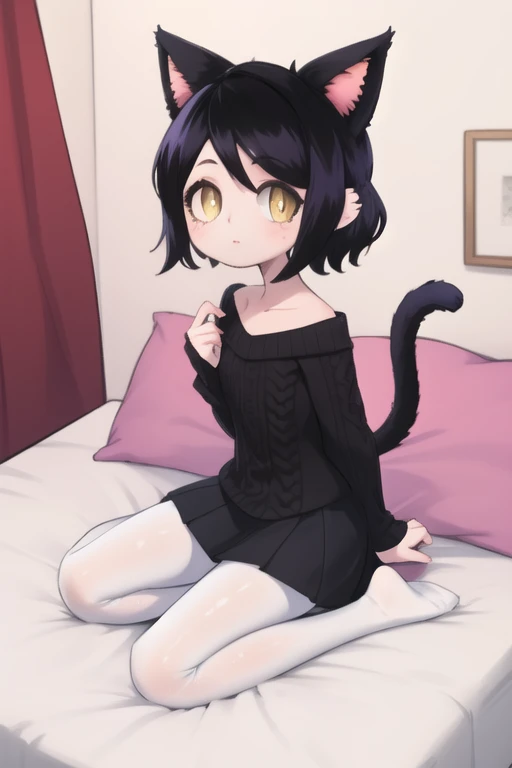 1girl, solo, masterpiece, <lora:Qitten:0.8> qitten, animal ears, cat ears, (miqo'te), [face marking] black hair, short hair, yellow eyes, slit pupils, flat chest, little girl, child, cat eyes, tail, BREAK
sweater, long skirt, pantyhose, looking at viewer, no shoes, BREAK
 <lora:valbun-15:1> valbun,
