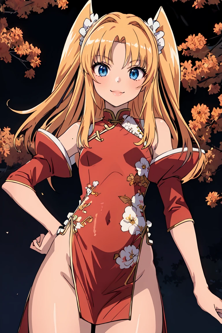 masterpiece, best quality, ultra-detailed, (perfect face, detailed face), <lora:FutabaLilyRamses:0.6>, 1girl, solo, futabalily, long hair, two side up, dark skin, hair ribbon, flat chest, smile, china dress, no panties, sideless, cowboy shot