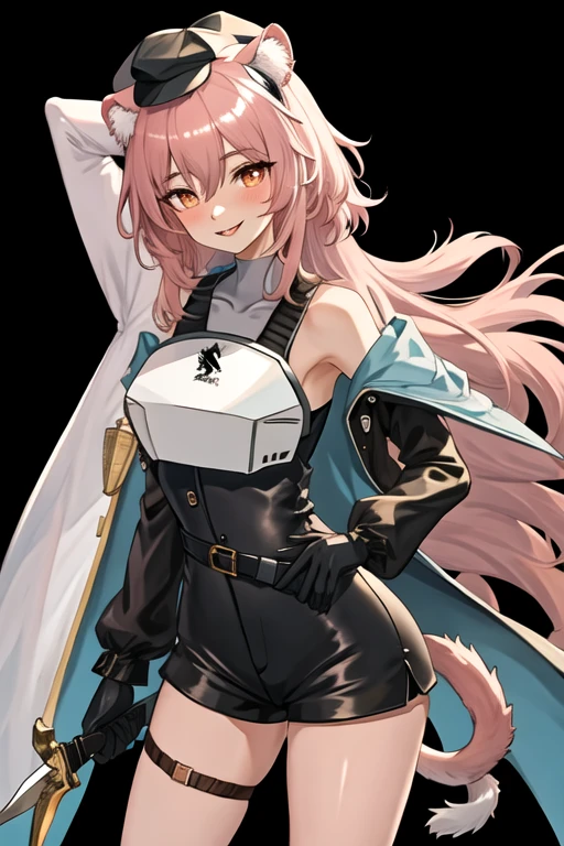best quality, masterpiece, highres, solo, {gravel_arknights:1.15}, animal_ears, long_hair, pink_hair, animal_ear_fluff, smile, blush, hair_between_eyes, bangs, breasts, upper_body, 1girl, black_gloves, black_headwear, black_shirt, gloves, hat, holding, holding_weapon, knife, looking_at_viewer, official_alternate_costume, orange_eyes, shirt, simple_background, weapon, white_background, cape, dagger, high-waist_shorts, holding_dagger, holding_knife, long_sleeves, white_cape, black_shorts, parted_lips, shorts, very_long_hair