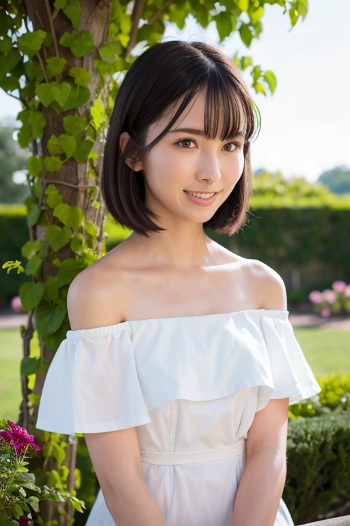1girl, (wearing an off-the-shoulder dress:1.4),(RAW photo, best quality), (realistic, photo-realistic:1.4), masterpiece, an extremely delicate and beautiful, extremely detailed, 2k wallpaper, Amazing, finely detail, extremely detailed CG unity 8k wallpaper, ultra-detailed, highres, soft light, beautiful detailed girl, extremely detailed eyes and face, beautiful detailed nose, beautiful detailed eyes,cinematic lighting,(in the garden:1.4),perfect anatomy,slender body,smiling,(close up:1.4),(young girl:1.6),(look at viewer),(front view:2.0),cinematic angle,(cleavage:0.8),(wavy short hair),(brown eyes:1.2),standing, <lora:sasakikotoko_lora-01:0.8>