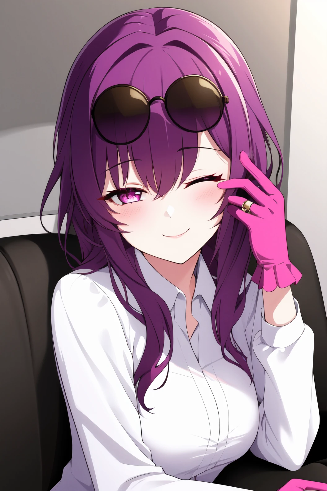 1girl, solo, long hair, looking at viewer, smile, shirt, gloves, long sleeves, jewelry, closed mouth, purple eyes, white shirt, purple hair, one eye closed, collared shirt, pink eyes, phone, sunglasses, ring, cellphone, eyewear on head, smartphone, hand on own face, red gloves,star-kafka, (mature female:1.4) <lora:kafka-v3-nai-13ep-resize:0.65>