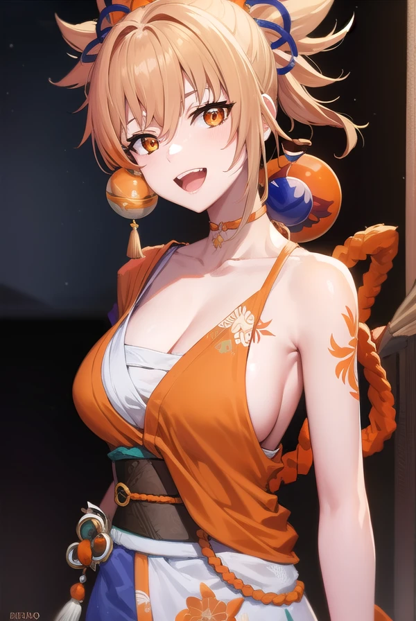 yoimiya, <lora:yoimiya-lora-nochekaiser:1>, 
yoimiya, arm tattoo, choker, hair ornament, light brown hair, long hair, (orange eyes:1.5), red choker, sidelocks, <lora:talkmouth_A_v100:0.8>, open mouth, smile,
BREAK arm tattoo, bandaged arm, bandaged leg, bandages, bracelet, chest sarashi, chest tattoo, cleavage, collarbone, fingerless gloves, fish tattoo, gloves, hadanugi dousa, japanese clothes, jewelry, kimono, kinchaku, obi, orange kimono, rope, sarashi, sash, shimenawa, single fingerless glove, tattoo, vision (genshin impact), wide sleeves,
BREAK outdoors, night, fireworks, festival,
BREAK looking at viewer, (cowboy shot:1.5)
BREAK <lyco:GoodHands-beta2:1>, (masterpiece:1.2), best quality, high resolution, unity 8k wallpaper, (illustration:0.8), (beautiful detailed eyes:1.6), extremely detailed face, perfect lighting, extremely detailed CG, (perfect hands, perfect anatomy),