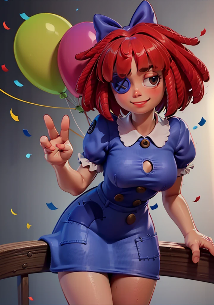 (Ragatha, one leg up, leaning forward, cute:1.2), (hair bow, short sleeves, dress with patches, short hair, button eyepatch), large breasts happy, smile, looking at viewer, cute, from below, (inside circus, mechanical games, balloon, confetti:1.2),
(detailed landscape:1),(dynamic pose:1.2),(dynamic angle:1), (cowboy shot:1.2),
(masterpiece:1.2), (best quality, highest quality), (ultra detailed), (8k, 4k, intricate) ,(ambient light:1.3), realistic, render, unity,
<lora:Ragatha_character-20:0.8> <lora:3DMM_V11:0.3> 3DMM,