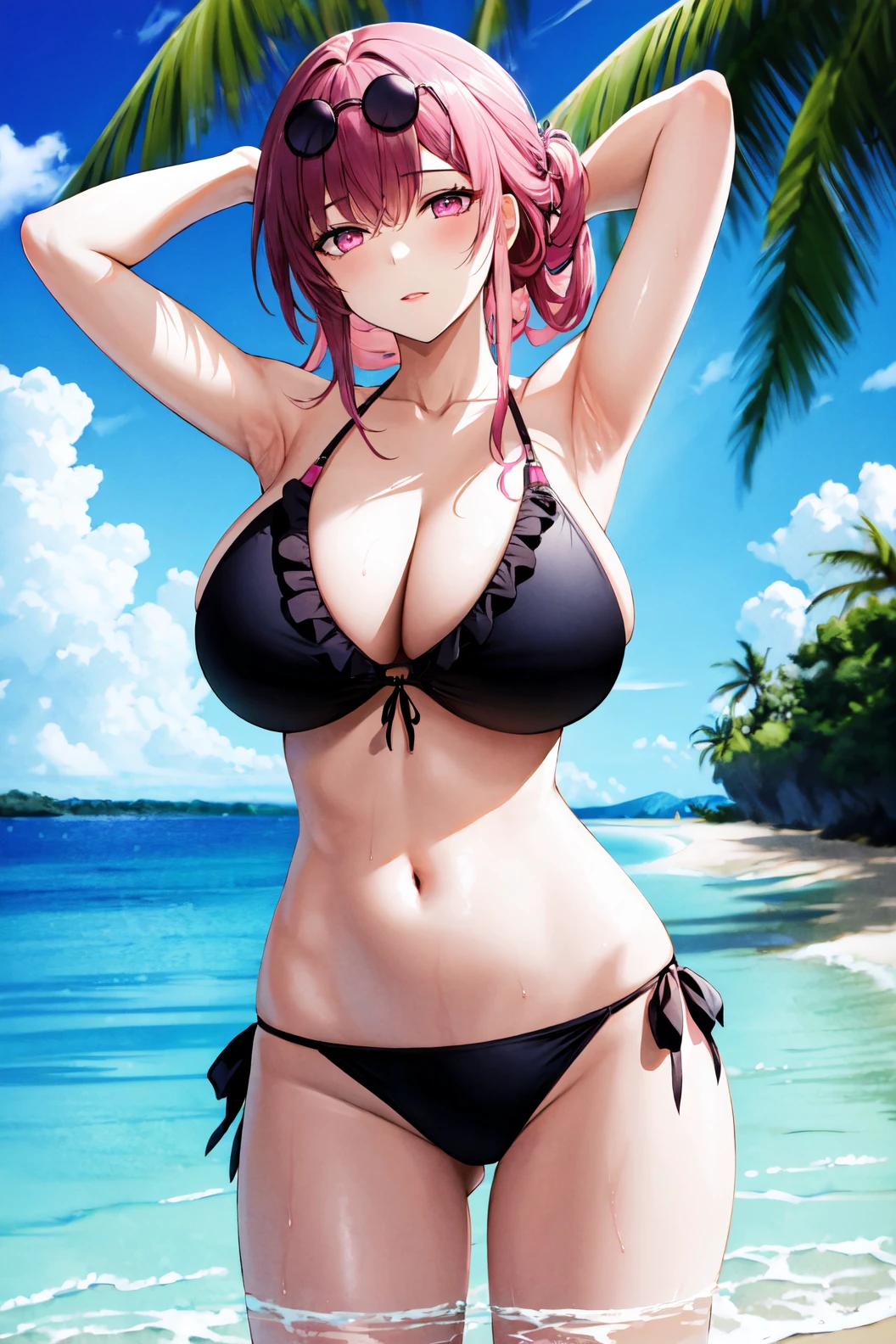 1girl, solo, looking at viewer, huge breasts, navel, cleavage, standing, swimsuit, pink hair, bikini, thighs, cowboy shot, outdoors, frills, sky, day, cloud, pink eyes, armpits, water, stomach, arms up, tree, blue sky, black bikini, side-tie bikini bottom, ocean, beach, sunglasses, arms behind head, eyewear on head,star-kafka, (mature female:1.35), <lora:kafka-v3-nai-13ep-resize:0.75>