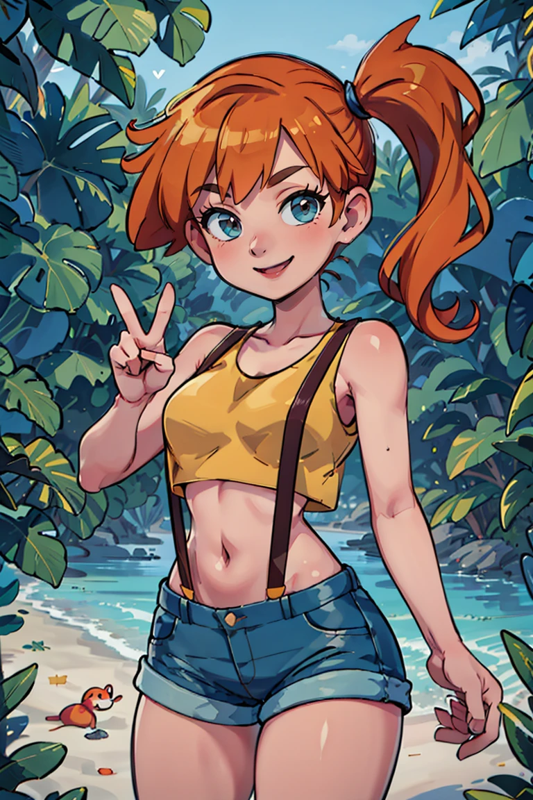 ((masterpiece,best quality)), absurdres,
<lora:Misty_Pokemon_v2_Anime:0.8>, Misty_Pokemon, yellow crop top, suspenders, side ponytail, orange hair, denim shorts, 
solo, smiling, looking at viewer, cowboy shot,
cinematic composition, contrapposto, peace sign,
tropical beach,