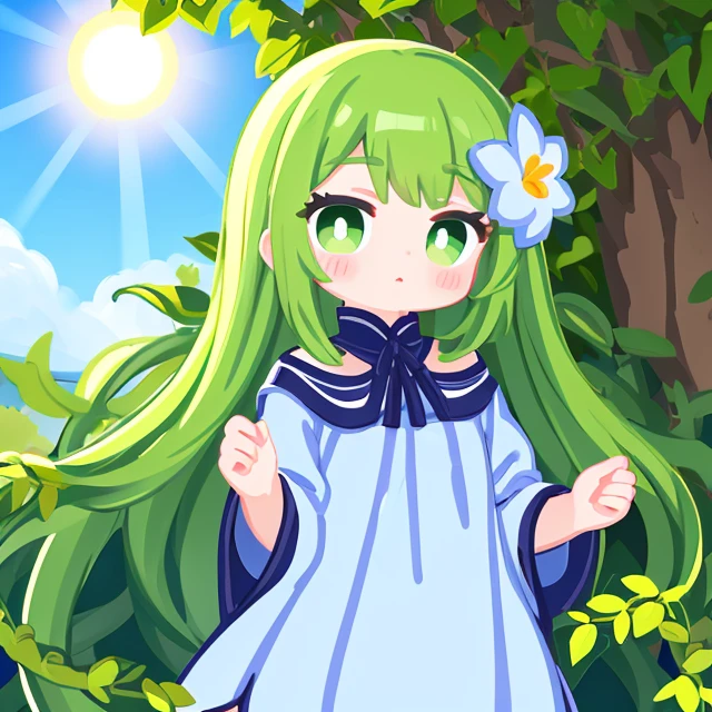 1girl, flower, plant, vines, leaves, green hair, green eyes, morning, sunshine, blue sky
