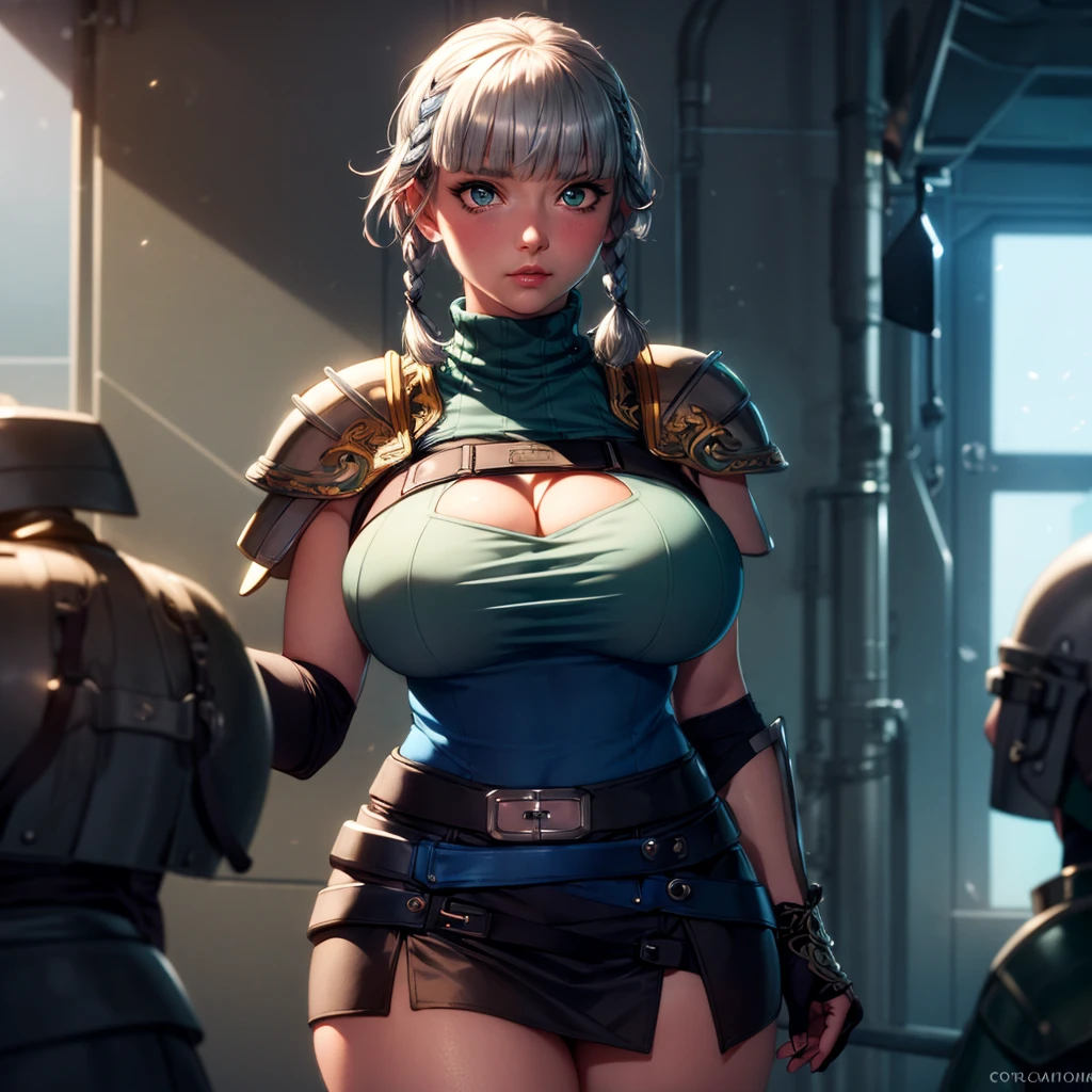 8k, 4k, intricate details, cinematic lighting, stunning environment, ornate, (realistic:1.1), detailed face, detailed eyes, detailed shadows, 1girl, solo, curvy, large breasts, cleavage, jacket, mini skirt, black skirt, green jacket, blue waist clothes, (shoulder armor:1.1), gray hair, short hair, twin braids, turtleneck clothes, <lora:CHA_SeollaSchweizer:1>, <lora:1_ADD_Detail:1>