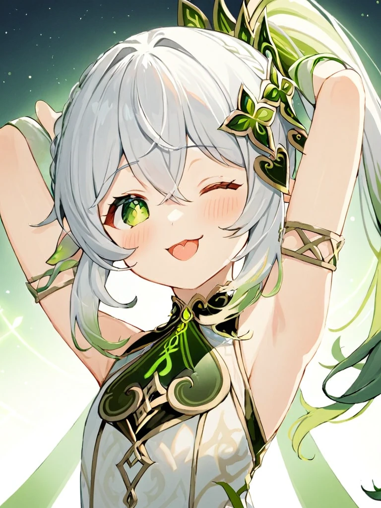 masterpiece, best quality, <lora:anmiXL_ANI31_lokr_V2233:0.95> 1girl, solo, closed eyes, pointy ears, nahida \(genshin impact\), dress, hair ornament, side ponytail, long hair, white hair, detached sleeves, white dress, jewelry, multicolored hair, bracelet, bangs, upper body, bare shoulders, green hair, leaf hair ornament, own hands together, hair between eyes