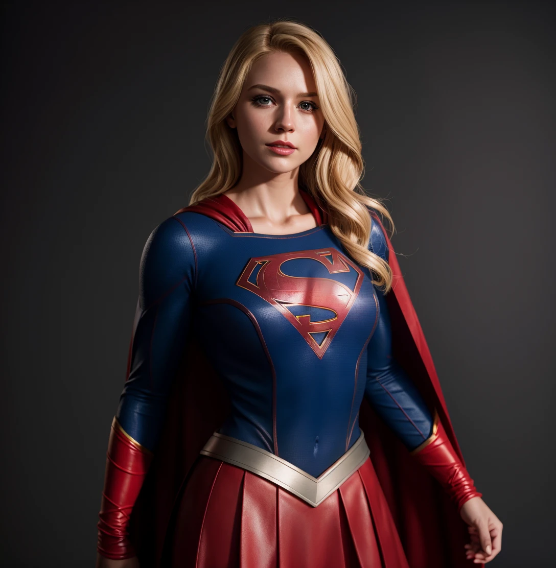 Supergirl, hair brown, skirt red, cape red,in Supergirl suits, only one,(Realistic),masterpiece, best quality, cinematic lighting, natural shadow, looking at viewer, Raw photo,8k,uhd,dslr,soft,lighting,high quality,filmgrain,hyperrealismus,hyperrealistic,Atmospheric,Realistic Skin Texture, realistic hair details, ultra quality, best quality, Hyper Realism,