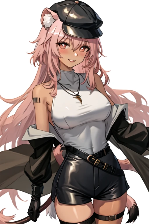 best quality, masterpiece, highres, solo, {gravel_arknights:1.15}, animal_ears, long_hair, pink_hair, animal_ear_fluff, smile, blush, hair_between_eyes, bangs, breasts, upper_body, 1girl, black_headwear, hat, jewelry, necklace, official_alternate_costume, long_sleeves, looking_at_viewer, black_gloves, black_shirt, gloves, cape, shirt, white_cape, high-waist_shorts, belt, cowboy_shot, dark-skinned_female, dark_skin, shorts, black_shorts, cabbie_hat, orange_eyes, parted_lips, simple_background, very_long_hair, thigh_strap, white_background, tail