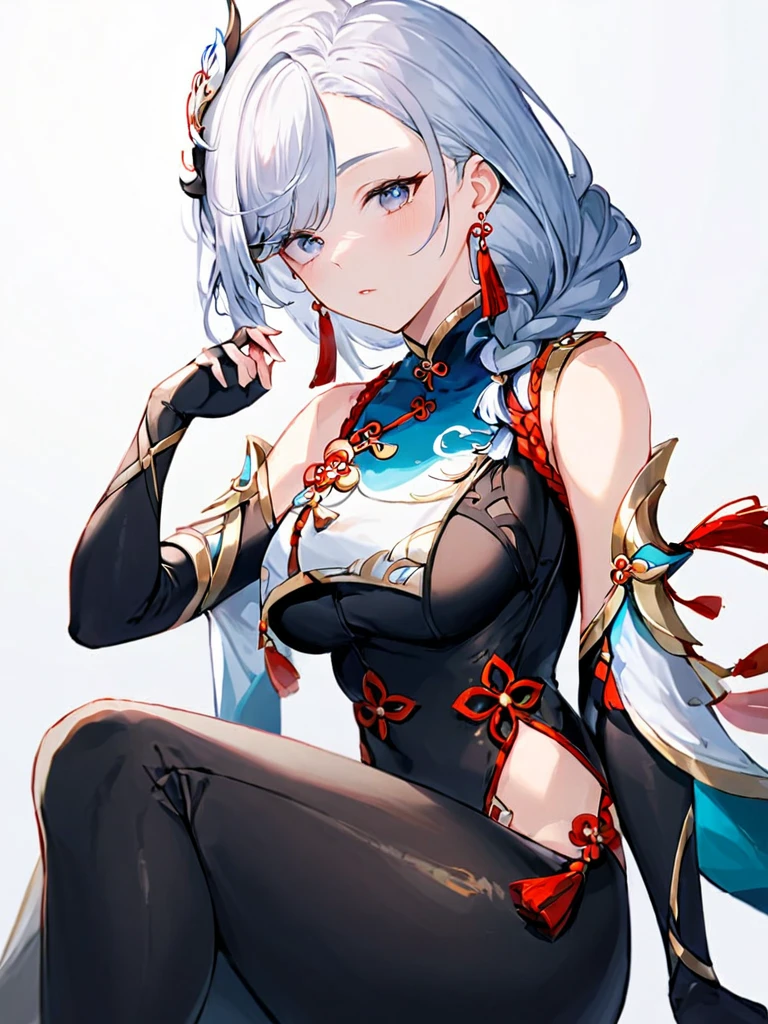 ultra-detailed,(best quality),((masterpiece)),(highres),original,extremely,<lora:shenhe:1>,shenhe, 1girl, solo, breast curtain, hair ornament, hip vent, crossed legs, bodysuit, sitting, breasts, gloves, looking at viewer, black bodysuit, tassel, braid, jewelry, shoulder cutout, hand on own face, earrings, clothing cutout, black gloves, tassel earrings, gold trim, simple background, partially fingerless gloves, closed mouth, multicolored eyes, hand on own cheek, white background, eyes visible through hair