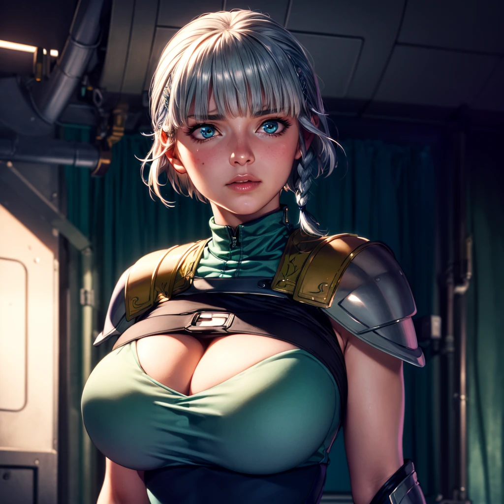 8k, 4k, intricate details, cinematic lighting, stunning environment, ornate, (realistic:1.1), detailed face, detailed eyes, detailed shadows, 1girl, solo, curvy, large breasts, cleavage, jacket, mini skirt, black skirt, green jacket, blue waist clothes, (shoulder armor:1.1), gray hair, short hair, twin braids, turtleneck clothes, <lora:CHA_SeollaSchweizer:1>, <lora:1_ADD_Detail:1>