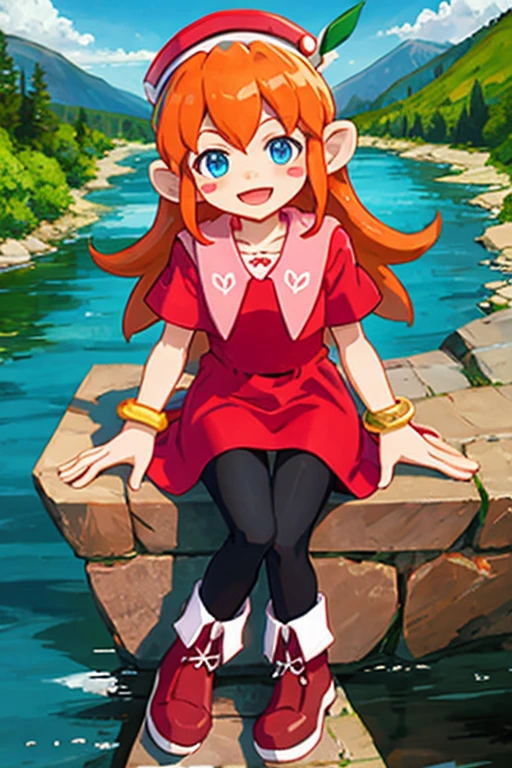 knlolo, long hair, orange hair, blue eyes, hat, red dress, jewelry, pantyhose, boots, orange hair, bracelet, blush stickers, bangle, :d, sitting, mountain, river, day <lora:lolo v2-000004:1>