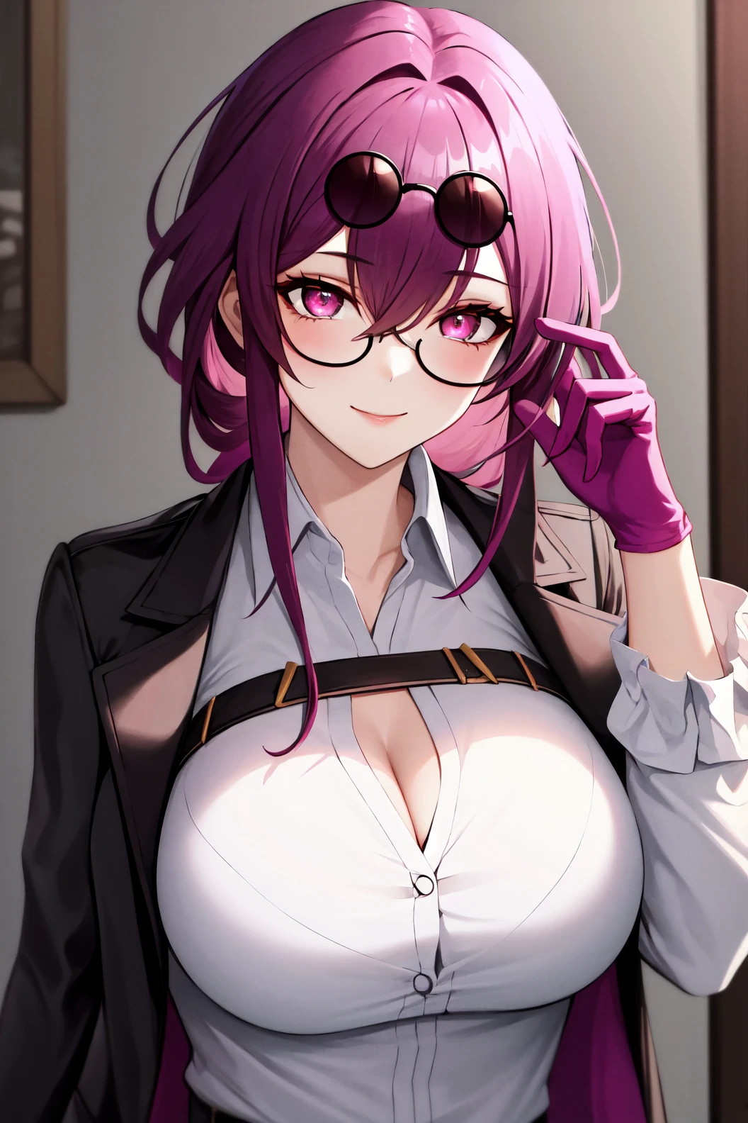 1girl, solo, long hair, looking at viewer, smile, large breasts, shirt, gloves, long sleeves, cleavage, hair between eyes, jewelry, closed mouth, jacket, white shirt, upper body, purple hair, glasses, collared shirt, pink eyes, sunglasses, ring, round eyewear, adjusting eyewear, purple gloves, tinted eyewear, looking over eyewear, pink-tinted eyewear,star-kafka, (mature female:1.3), <lora:kafka-v3-nai-13ep-resize:0.7>