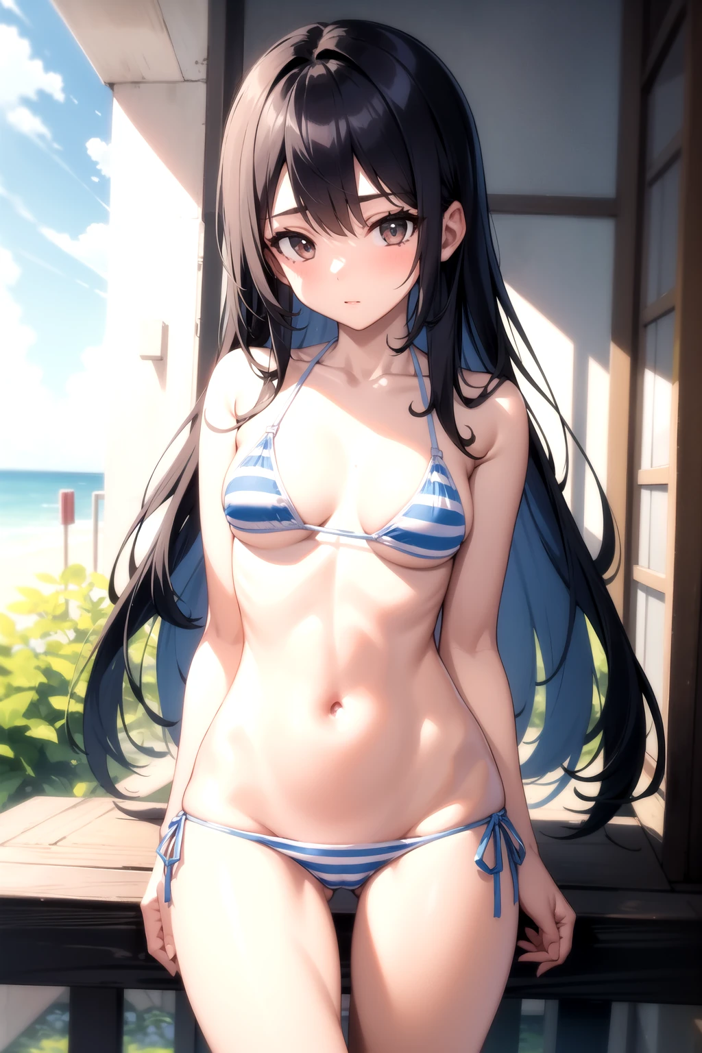 <lora:lowleg_panties_v0.1:1> 
1girl, bikini, side-tie panties, striped bikini, tan, long hair,, masterpiece, best quality, highly detailed