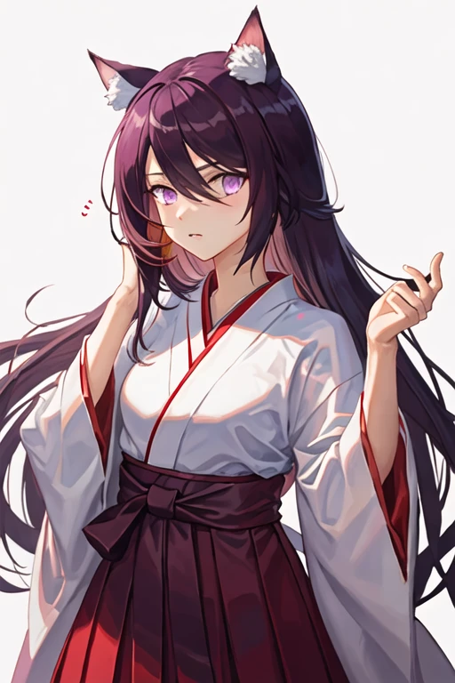 best quality, masterpiece, highres, solo, {white kimono:1.35}, {red hakama:1.35}, {wide sleeves:1.20}, {melantha_arknights:1.15}, animal_ears, cat_ears, long_hair, purple_hair, animal_ear_fluff, hair_between_eyes, bangs, purple_eyes, upper_body