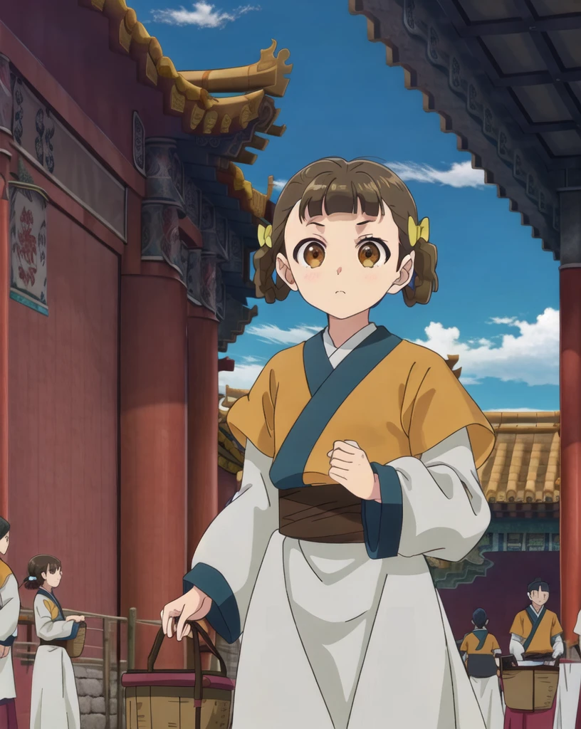 Xiaolan, solo, 1girl, long sleeves, hair bow, outdoors, day, cloud, blue sky, chinese clothes, basket of clothes, east asian architecture, 
<lora:kusuriya_EP01to03-bundle-30000:0.95>