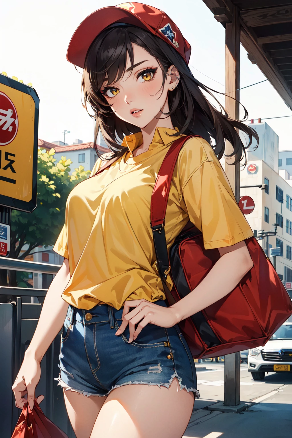 (masterpiece, best quality, hires, high resolution:1.2), (1girl, solo), (a sexy delivery girl), (expressive eyes, eyeleshes, eyeliner, eyeshadow), (red cap), (yellow shirt), (short shorts), (big square bag on her back), (cowboy shot),