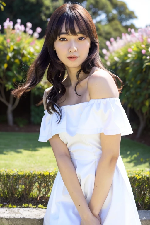 1girl, (wearing an off-the-shoulder dress:1.4),(RAW photo, best quality), (realistic, photo-realistic:1.4), masterpiece, an extremely delicate and beautiful, extremely detailed, 2k wallpaper, Amazing, finely detail, extremely detailed CG unity 8k wallpaper, ultra-detailed, highres, soft light, beautiful detailed girl, extremely detailed eyes and face, beautiful detailed nose, beautiful detailed eyes,cinematic lighting,(in the garden:1.4),perfect anatomy,slender body,smiling,(close up:1.4),(young girl:1.6),(look at viewer),(front view:2.0),cinematic angle,(cleavage:1.4),(wavy hair),(brown eyes:1.2),standing, <lora:kankanna_lora-02:0.8>