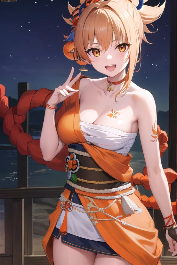 yoimiya, <lora:yoimiya-lora-nochekaiser:1>,
yoimiya, arm tattoo, choker, hair ornament, light brown hair, long hair, (orange eyes:1.5), red choker, sidelocks, <lora:talkmouth_A_v100:0.8>, open mouth, smile,
BREAK arm tattoo, bandaged arm, bandaged leg, bandages, bracelet, chest sarashi, chest tattoo, cleavage, collarbone, fingerless gloves, fish tattoo, gloves, hadanugi dousa, japanese clothes, jewelry, kimono, kinchaku, obi, orange kimono, rope, sarashi, sash, shimenawa, single fingerless glove, tattoo, vision (genshin impact), wide sleeves,
BREAK outdoors, night, fireworks, festival,
BREAK looking at viewer, (cowboy shot:1.5)
BREAK <lyco:GoodHands-beta2:1>, (masterpiece:1.2), best quality, high resolution, unity 8k wallpaper, (illustration:0.8), (beautiful detailed eyes:1.6), extremely detailed face, perfect lighting, extremely detailed CG, (perfect hands, perfect anatomy),