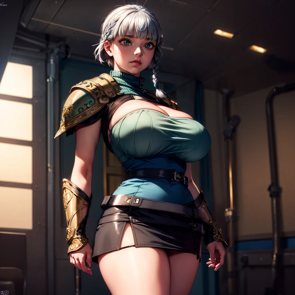 8k, 4k, intricate details, cinematic lighting, stunning environment, ornate, (realistic:1.1), detailed face, detailed eyes, detailed shadows, 1girl, solo, curvy, large breasts, cleavage, jacket, mini skirt, black skirt, green jacket, blue waist clothes, (shoulder armor:1.1), gray hair, short hair, twin braids, turtleneck clothes, <lora:CHA_SeollaSchweizer:1>, <lora:1_ADD_Detail:1>