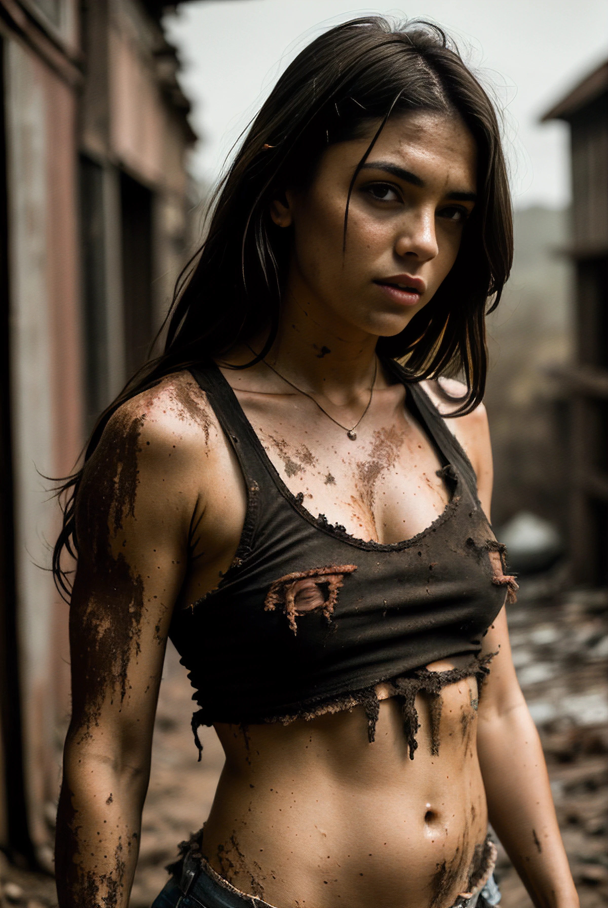 RAW photo, a brunette woman, wearing a ripped shirt, tattered, mooning, post apocalyptic scene, dirty, muddy, cinematic, 8k uhd, dslr, soft lighting, high quality, film grain, Fujifilm XT3, <lora:mooning_sd15:0.8>