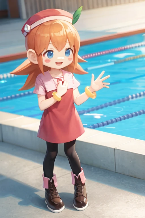 knlolo, long hair, orange hair, blue eyes, hat, red dress, jewelry, pantyhose, boots, orange hair, bracelet, blush stickers, bangle, :d, standing, swimming pool<lora:lolo v2-000004:1>