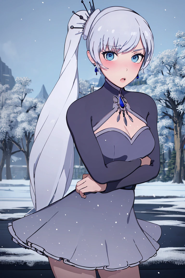 ((masterpiece,best quality)), absurdres,
<lora:Weiss_RWBY_AnyLora:0.8>, Weiss_RWBY, dress, tiara, jewelry, earrings, cleavage cutout,
solo, blushing, :o, looking at viewer, upper body portrait,
contrapposto, cinematic composition, snow covered forest in background,
