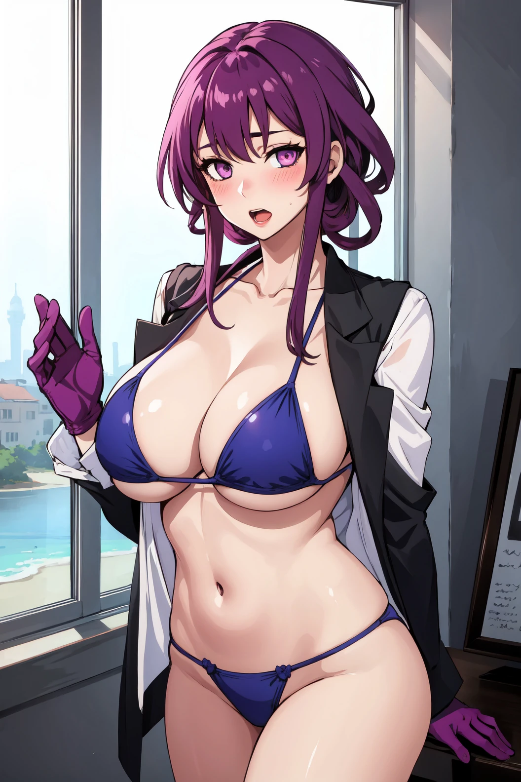 1girl, solo, looking at viewer, blush, open mouth, shirt, gloves, cleavage, purple eyes, swimsuit, white shirt, purple hair, bikini, open clothes, huge breasts, open shirt,star-kafka, (mature female:1.35), <lora:kafka-v3-nai-13ep-resize:0.75>