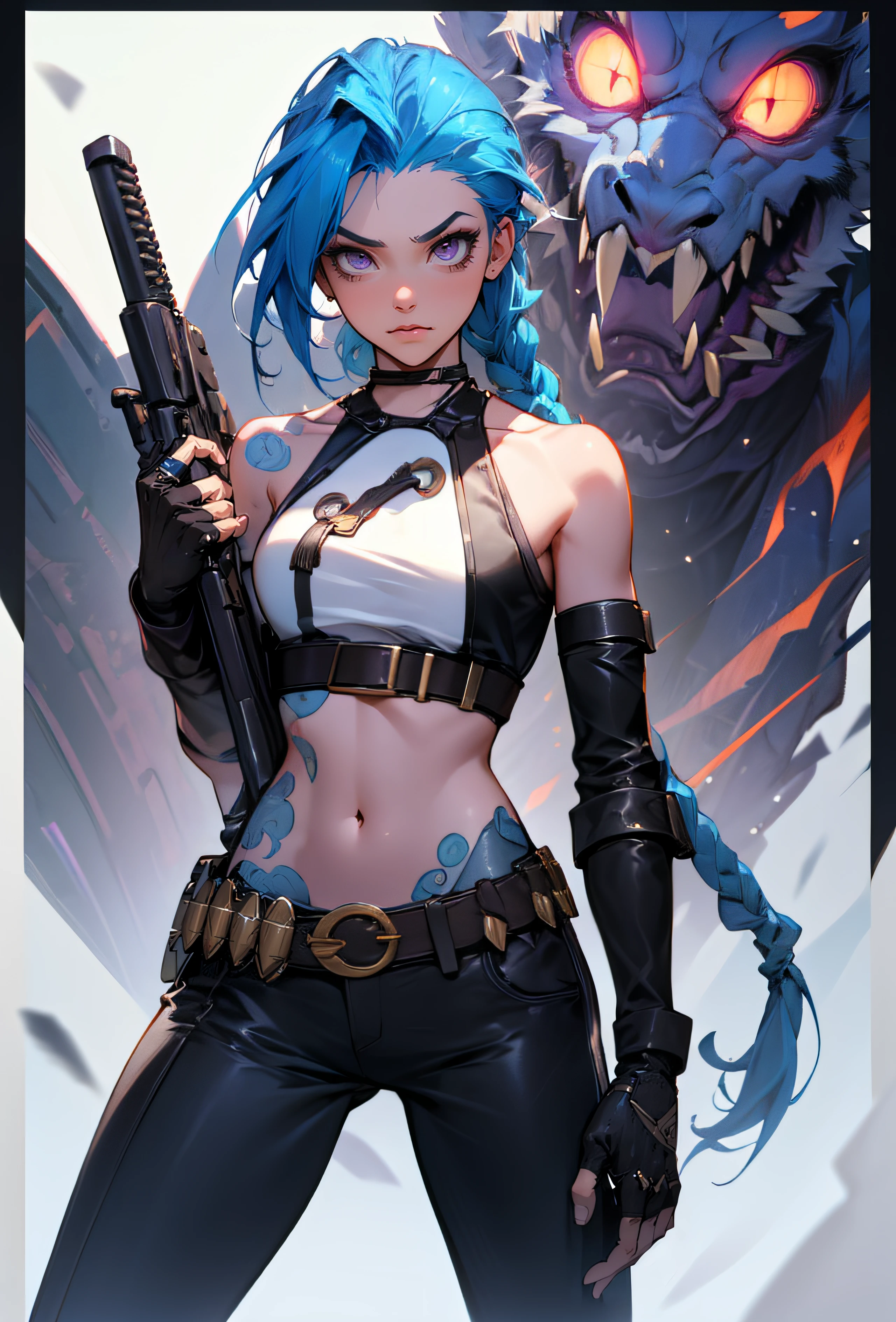 Jinx \(league of legend\), 1girl huge large breasts,Pixar style,(Cold:1.3), solo, Braid, twin braid, Long hair, Surprised Eyes,tattoo, Piercing, a belt, jewelry, Earrings, (opens his eyes wide:0.9),lookatthe viewer, Arm tattoos, (Background of medieval castles:1.1), Blue hair, Blush, Smile, v arms, necklac, Crop top, Small breasts, Green hair, shoulder tattoo, teeth, Open mouth, alternate costume, midriff, Pants, Blue eyes,