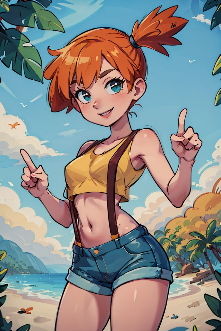 ((masterpiece,best quality)), absurdres,
<lora:Misty_Pokemon_v2_Anime:0.8>, Misty_Pokemon, yellow crop top, suspenders, side ponytail, orange hair, denim shorts, 
solo, smiling, looking at viewer, cowboy shot,
cinematic composition, contrapposto, peace sign,
tropical beach,