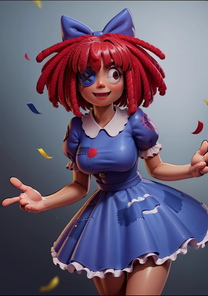 (Ragatha, one leg up, leaning forward, cute:1.2), (hair bow, short sleeves, dress with patches, short hair, button eyepatch), large breasts happy, smile, looking at viewer, cute, from below, (inside circus, mechanical games, balloon, confetti:1.2),
(detailed landscape:1),(dynamic pose:1.2),(dynamic angle:1), (cowboy shot:1.2),
(masterpiece:1.2), (best quality, highest quality), (ultra detailed), (8k, 4k, intricate) ,(ambient light:1.3), realistic, render, unity,
<lora:Ragatha_character-20:0.8> <lora:3DMM_V11:0.3> 3DMM,