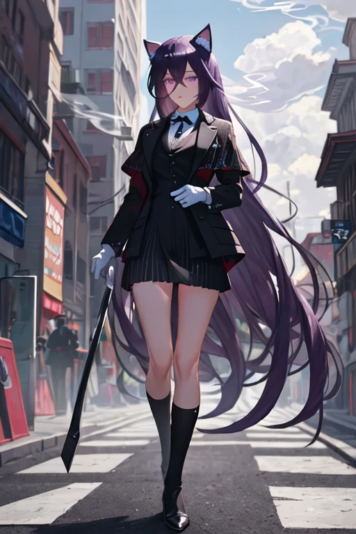 best quality, masterpiece, highres, solo, {black business suit:1.40}, {tie:1.20}, {sunglasses:1.25}, {white gloves:1.15}, {white shirt:1.10}, {black skirt:1.15}, {smoking:1.20}, handsome, {melantha_arknights:1.15}, animal_ears, cat_ears, long_hair, purple_hair, animal_ear_fluff, hair_between_eyes, bangs, purple_eyes, upper_body