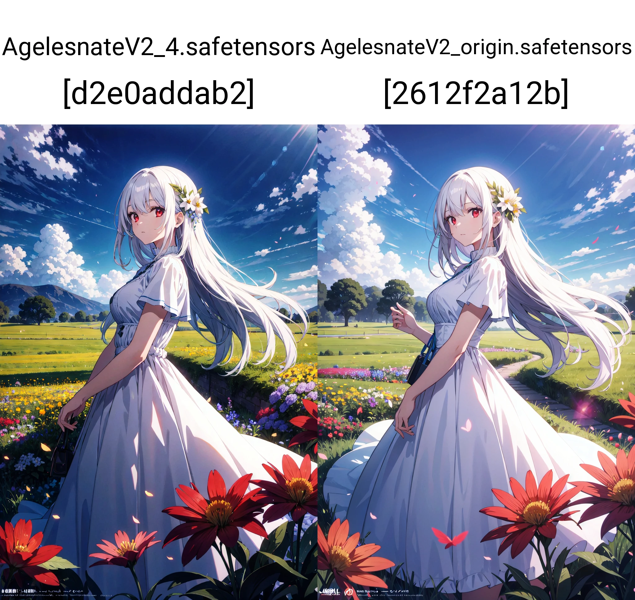 absurdres, highres, (official art, beautiful and aesthetic:1.2), ultra detail, close view,
aerial,
beautiful person, white long hair, red eyes,
(GIGANTIC HUGE BREAST:0.6),
white dress,
grassland, bluesky,
wind effects, flower effects,