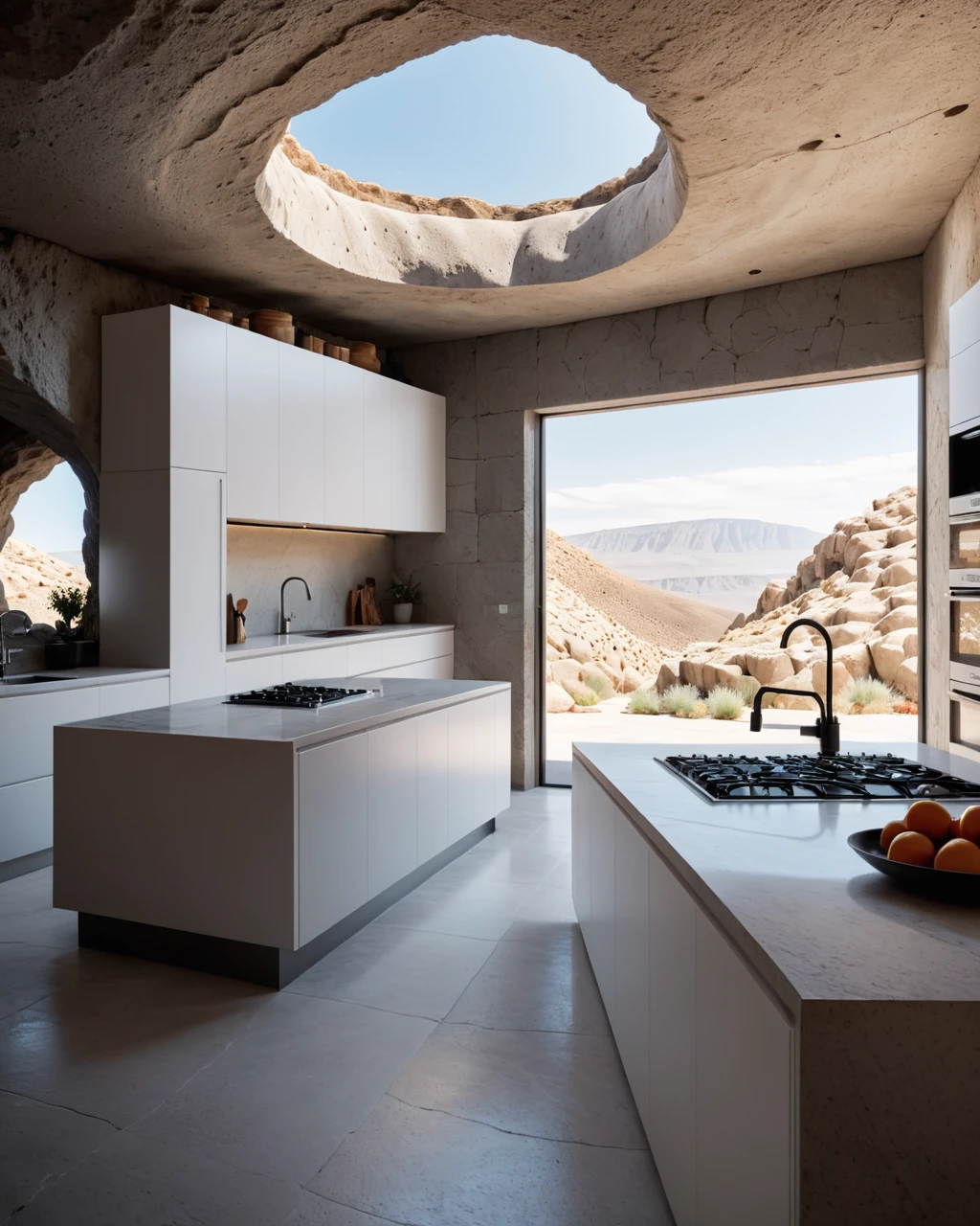 Hyperrealistic art (Ultrarealistic:1.3) <lora:FF.98.dxlYamersRealism_v2.LORA1:1> award winning interior photo, photograph, ultra photorealistic, photorealism, film still of inside a modern white spacious (kitchen in a smooth stone cave:1.25), smooth shading, desert, daylight, bright colors, hyper realistic, modern, surreal, lights, minimalistic studio architecture, behance, halation, bloom, dramatic atmosphere, rule of thirds, 8k uhd, dslr, high quality, film grain, Fuji Superia X-TRA 400 . Extremely high-resolution details, photographic, realism pushed to extreme, fine texture, incredibly lifelike