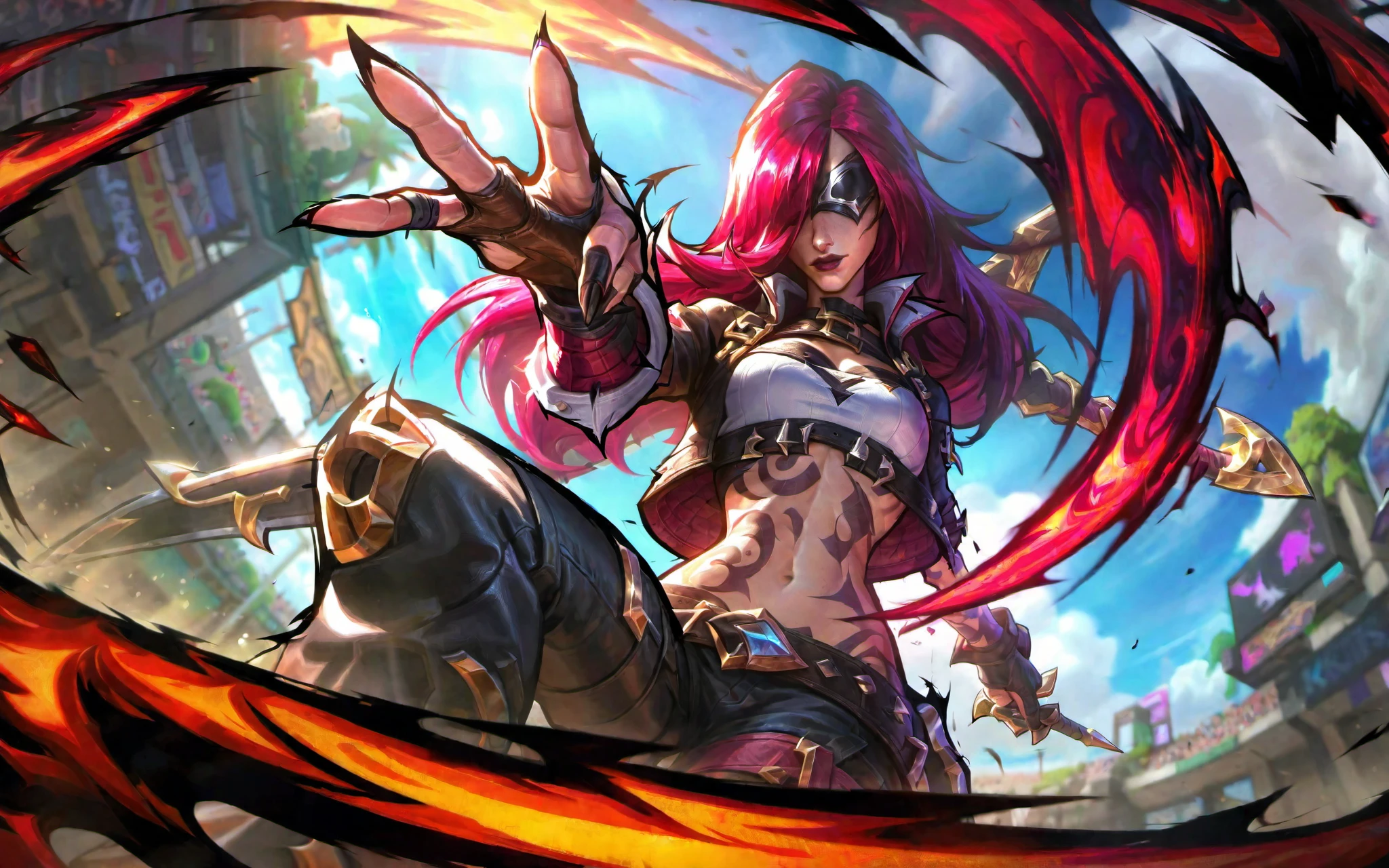 best aesthetic, lolsplashart, soul fighter katarina, 1girl, solo, scar on left eye, tattoo on abdomen