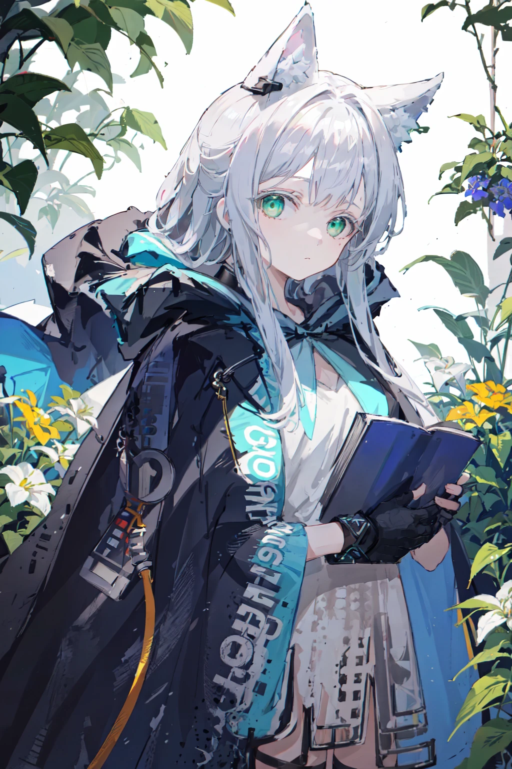 rosmontis, 1girl, animal ears, green eyes, long hair, cat ears, gloves, fingerless gloves, dress, looking at viewer, holding, black gloves, earpiece, grey hair, cat girl, cat tail, white dress, tail, animal ear fluff, holding book, bangs, hood down, closed mouth, hood, cloak, open clothes,
Expressionless, portrait, upper body, standing, garden,
<lora:C_rosmontis:1.0>