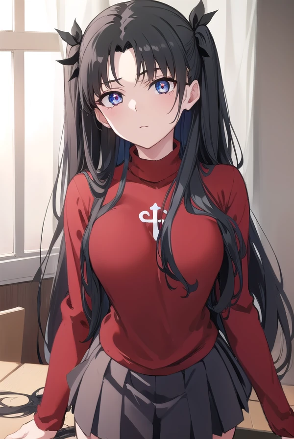 rintohsaka, <lora:rintohsakakyockcho-lora-nochekaiser:1>, 
rin tohsaka kyockcho, aqua eyes, (black hair:1.5), hair ribbon, long hair, ribbon, sidelocks, two side up, (parted bangs:1.5),
BREAK black skirt, black thighhighs, long sleeves, miniskirt, pleated skirt, (red sweater:1.5), skirt, sweater, thighhighs, turtleneck,
BREAK indoors, classroom,
BREAK looking at viewer, (cowboy shot:1.5)
BREAK <lyco:GoodHands-beta2:1>, (masterpiece:1.2), best quality, high resolution, unity 8k wallpaper, (illustration:0.8), (beautiful detailed eyes:1.6), extremely detailed face, perfect lighting, extremely detailed CG, (perfect hands, perfect anatomy),