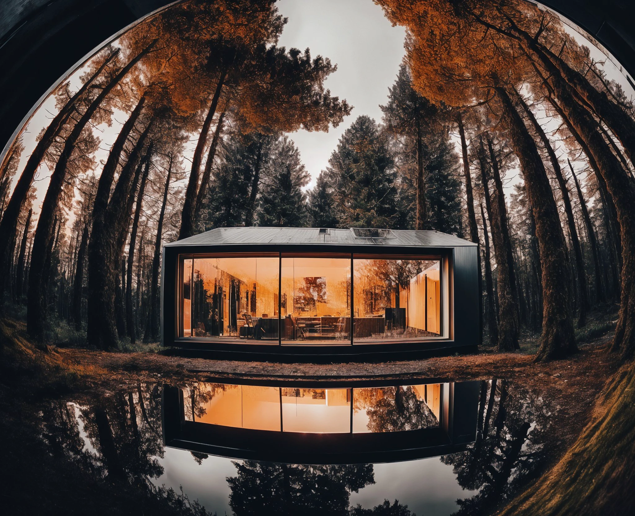 (photo from below, fisheye:1.2), nature, epic building in the center, warm, glow at night, raw, hdr, (little glsass house in the forest, reflections, raytracing:1.3), cinematic, slate grey, dramatic light, architecture, <lora:Archiveria_yiu_v30:0.6>