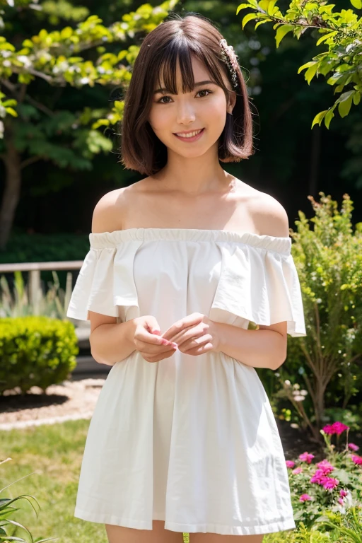1girl, (wearing an off-the-shoulder dress:1.4),(RAW photo, best quality), (realistic, photo-realistic:1.4), masterpiece, an extremely delicate and beautiful, extremely detailed, 2k wallpaper, Amazing, finely detail, extremely detailed CG unity 8k wallpaper, ultra-detailed, highres, soft light, beautiful detailed girl, extremely detailed eyes and face, beautiful detailed nose, beautiful detailed eyes,cinematic lighting,(in the garden:1.4),perfect anatomy,slender body,smiling,(close up:1.4),(young girl:1.6),(look at viewer),(front view:2.0),cinematic angle,(cleavage:0.8),(wavy short hair),(brown eyes:1.2),standing, <lora:sasakikotoko_lora-01:0.8>