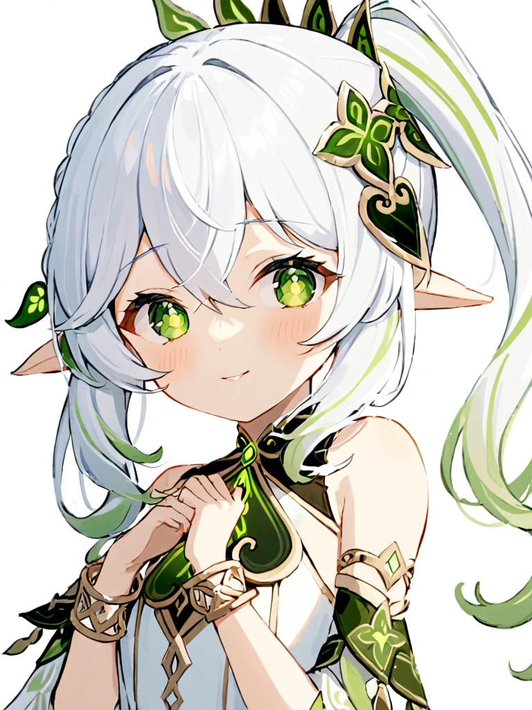 ultra-detailed,(best quality),((masterpiece)),(highres),original,extremely,<lora:naxida2_xl:1>,naxida, 1girl, solo, nahida (genshin impact), green eyes, pointy ears, blush, looking at viewer, hair ornament, side ponytail, white hair, white background, long hair, simple background, holding hair, bangs, symbol-shaped pupils, upper body, dress, hair between eyes, holding, closed mouth, bare shoulders, jewelry, smile, detached sleeves, white dress, sidelocks, bracelet, sleeveless, multicolored hair