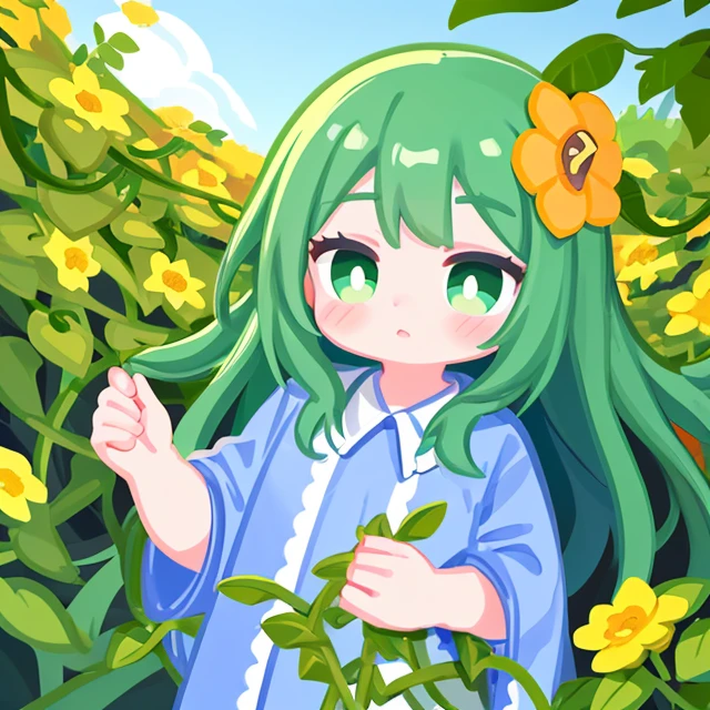 1girl, (flower:1.5), plant, vines, leaves, green hair, green eyes, morning, sunshine, blue sky