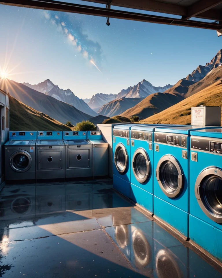 Hyperrealistic art <lora:FF.98.dxlYamersRealism_v2.LORA1:1>, Spray paint style, RAW photo, landscape of a Timeless (Laundromat:1.3) , mountains and Capricornus constellation in background, at Sunrise, Shameful, Short exposure, Polaroid, Selective focus, artstation, by thomas kindkade, alphonse mucha, loish and norman rockwell J. . Extremely high-resolution details, photographic, realism pushed to extreme, fine texture, incredibly lifelike