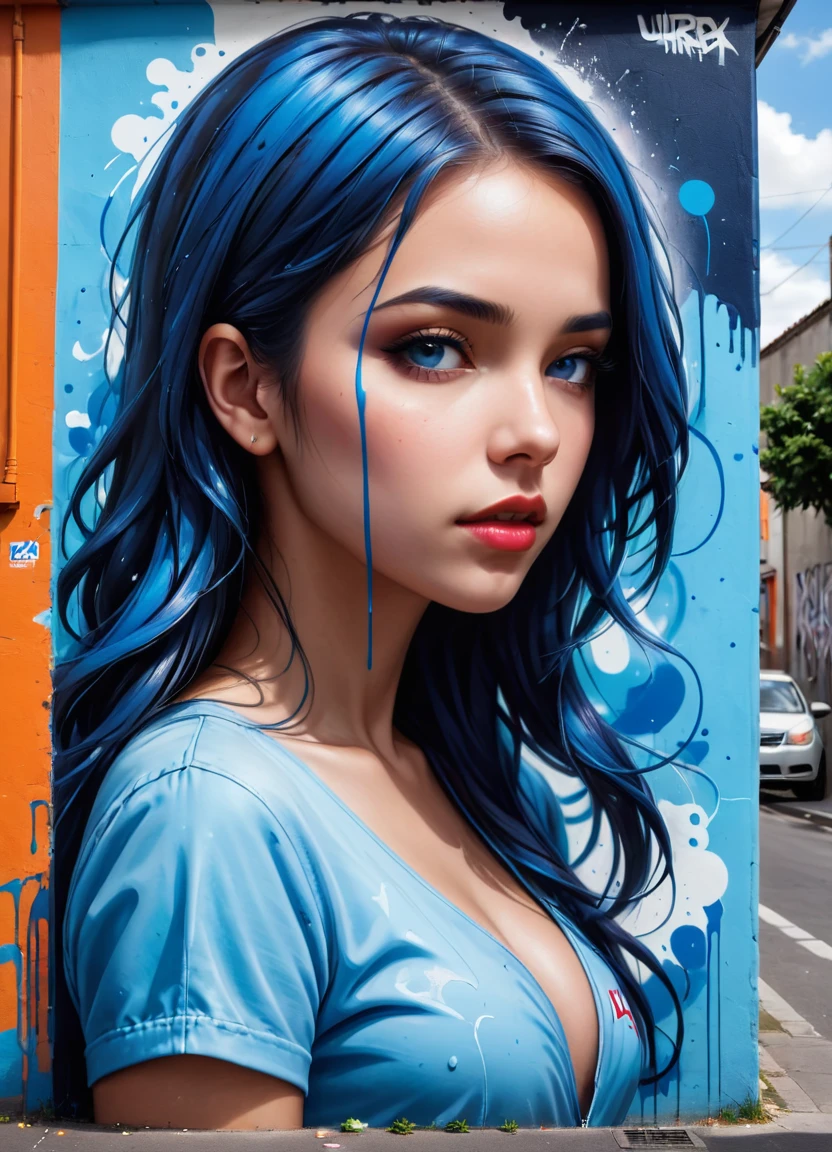 Graffiti style (Ultrarealistic:1.3) <lora:FF.91.realcartoonXL_v2.lora:1> masterpiece, best quality, ultra high res, 1girl, (abstract art:1.4), bleeding blue, blue theme, visually stunning, beautiful, evocative, emotional, side view, \u003clora:wowifierXL:0.5\u003e . Street art, vibrant, urban, detailed, tag, mural